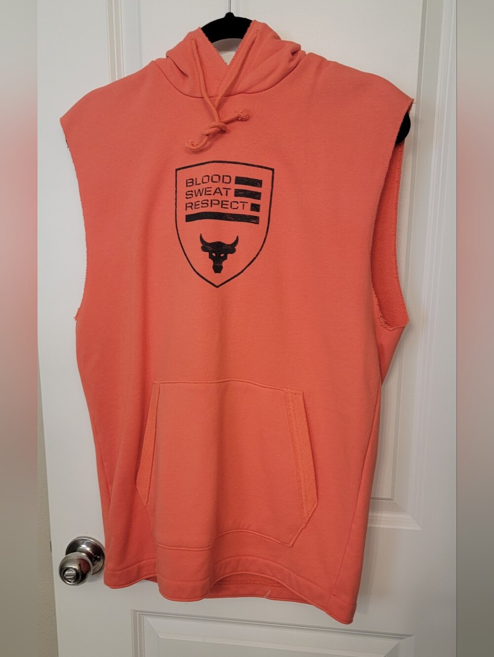 Under Armour Orange Sleeveless Hoodie with 'Blood Sweat Respect' Logo